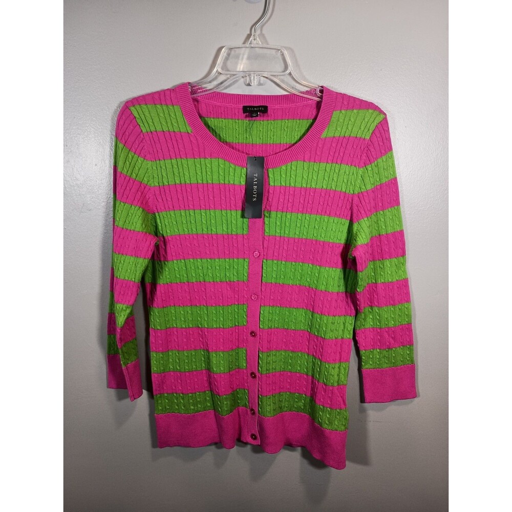 NWT Talbots Striped Cardigan Sweater Button Down Pink Green Cotton Size Medium
